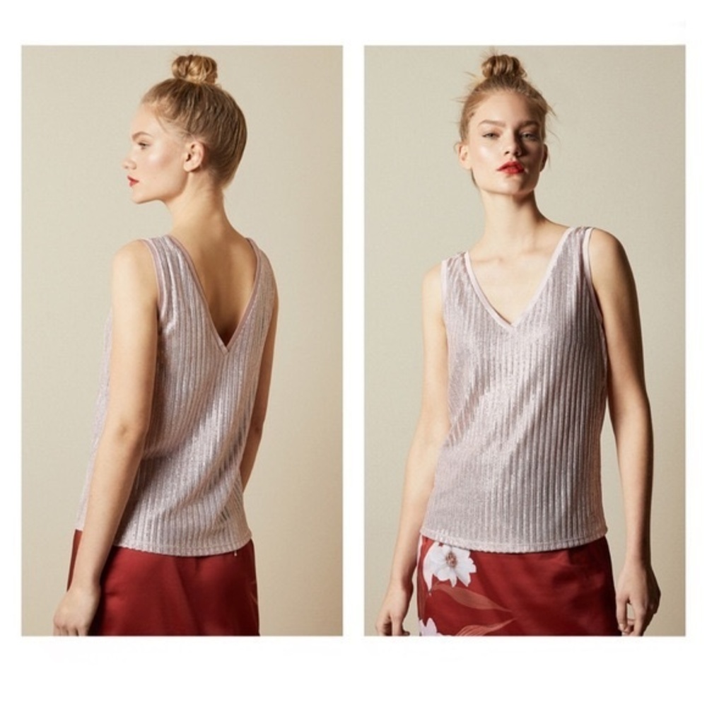 TED BAKER Robinee Ribbed Vest Top Metallic in Light Pink Size 4